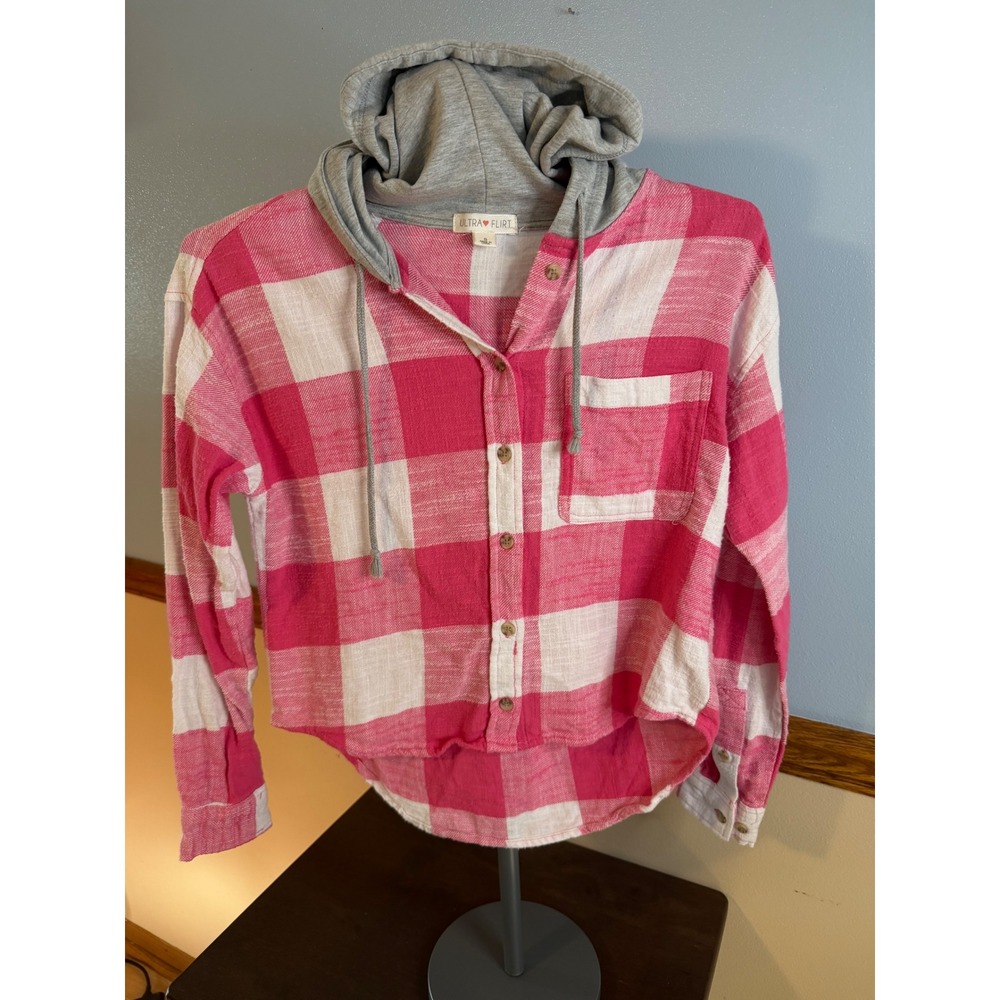 Ultra Flirt Pink White Plaid Hooded Flannel Shirt Womens Small RW328362